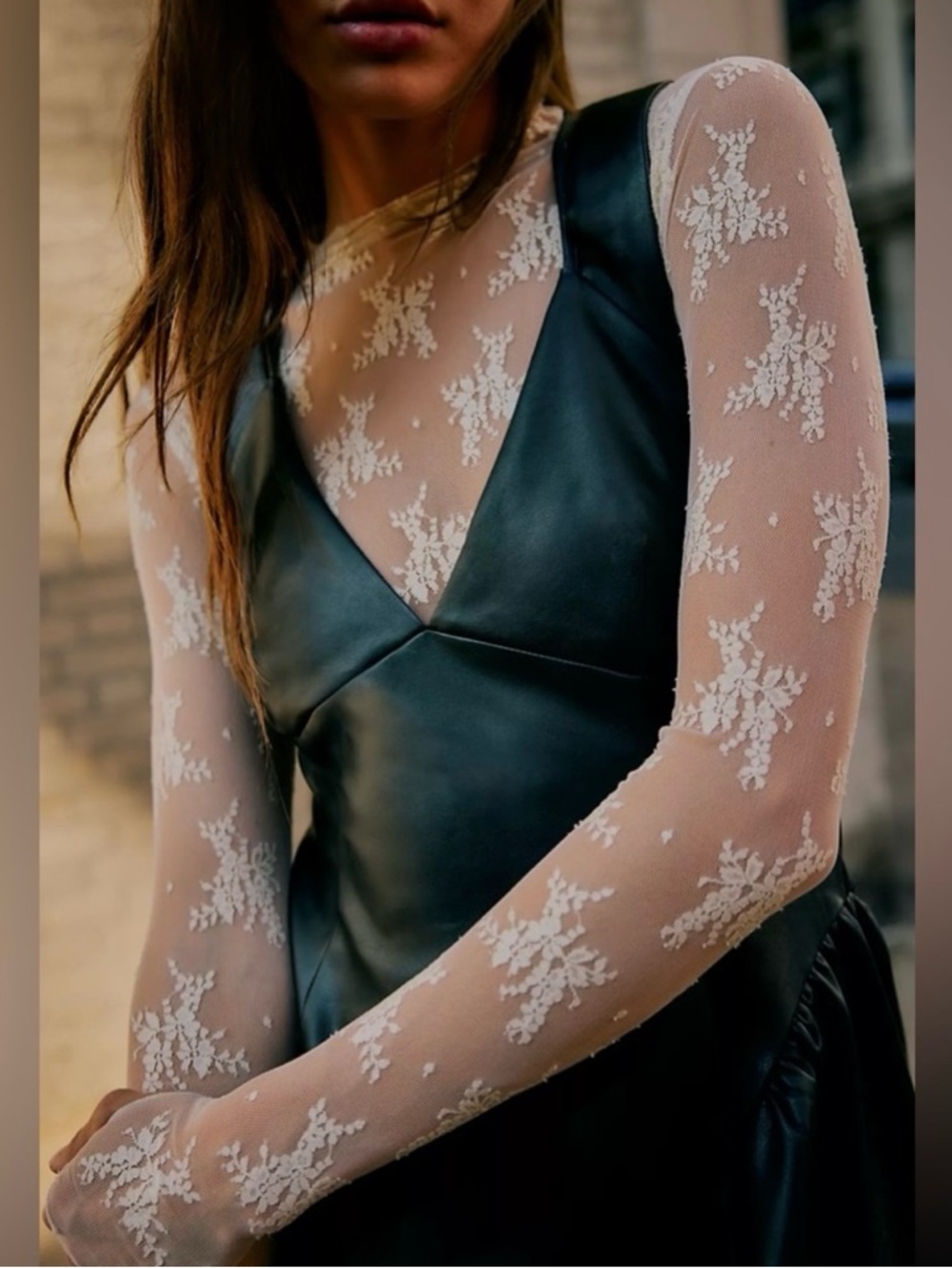 Free People Black Faux Leather Mini Vera Dress with Lace Undershirt